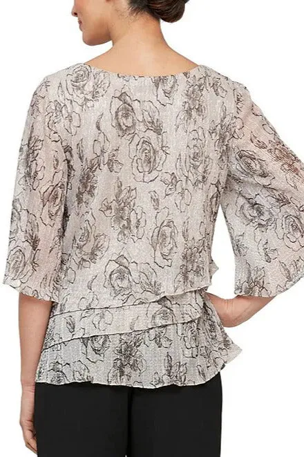 Alex Evenings 3/4 Sleeve Crew Neck Asymmetrical Tiered Hem Printed Blouse