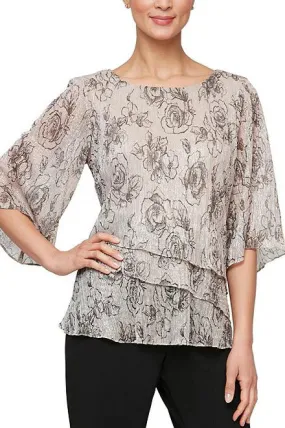 Alex Evenings 3/4 Sleeve Crew Neck Asymmetrical Tiered Hem Printed Blouse