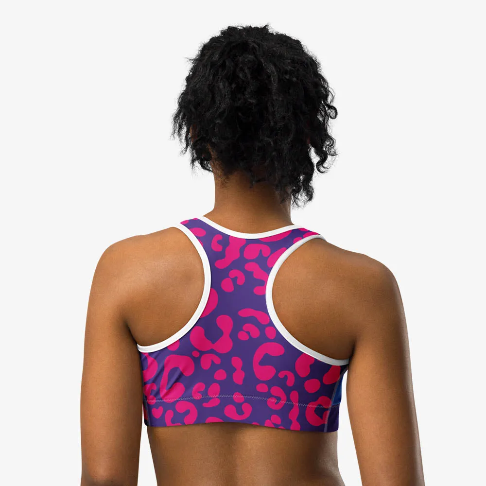 Animal Printed Sports Bra "Wild Patchwork" Blues/Purple/Magenta