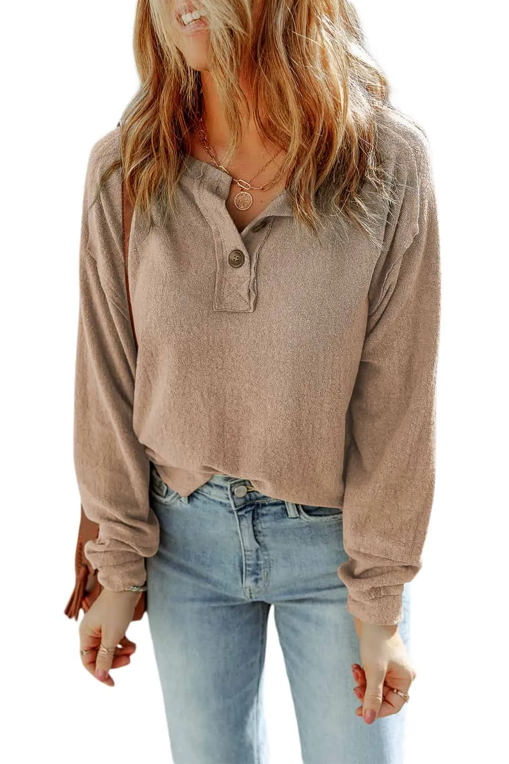 Apricot Retro Patchwork Split Neck Long Sleeve Top with Button Detail