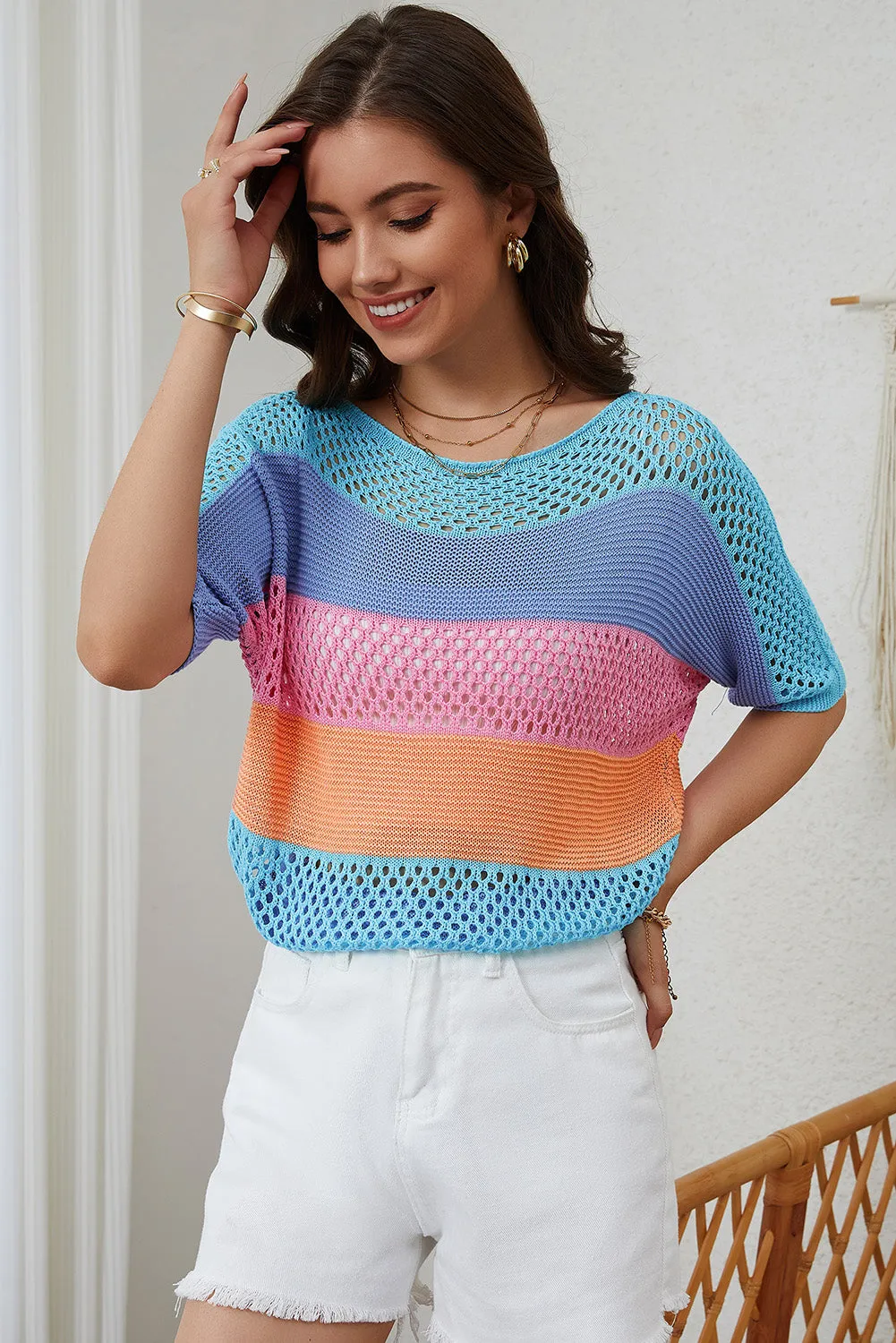 April Knitted Eyelet Colorblock Striped Half Sleeves Top