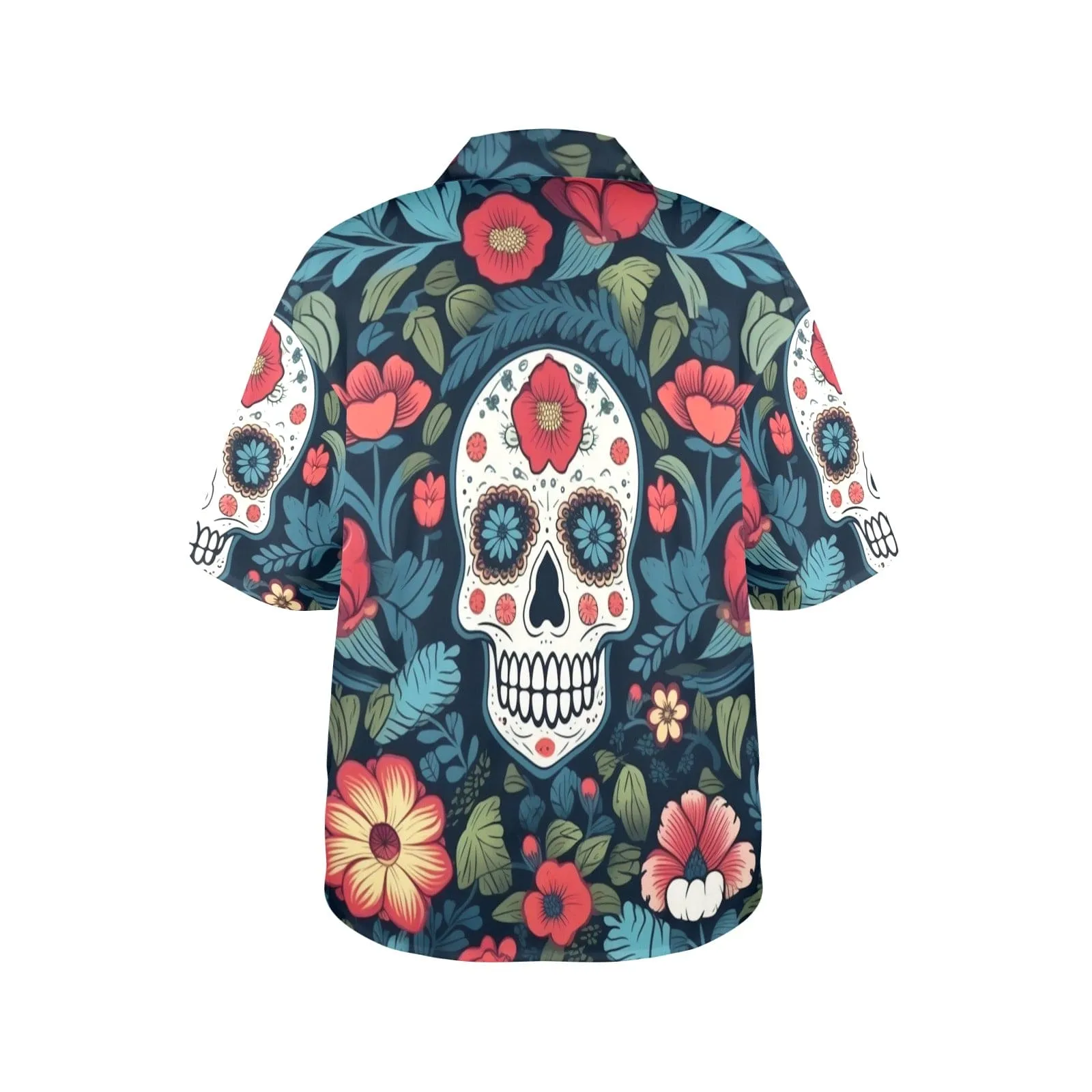 Blue Red Skulls Floral Hawaiian Short Sleeve Shirt