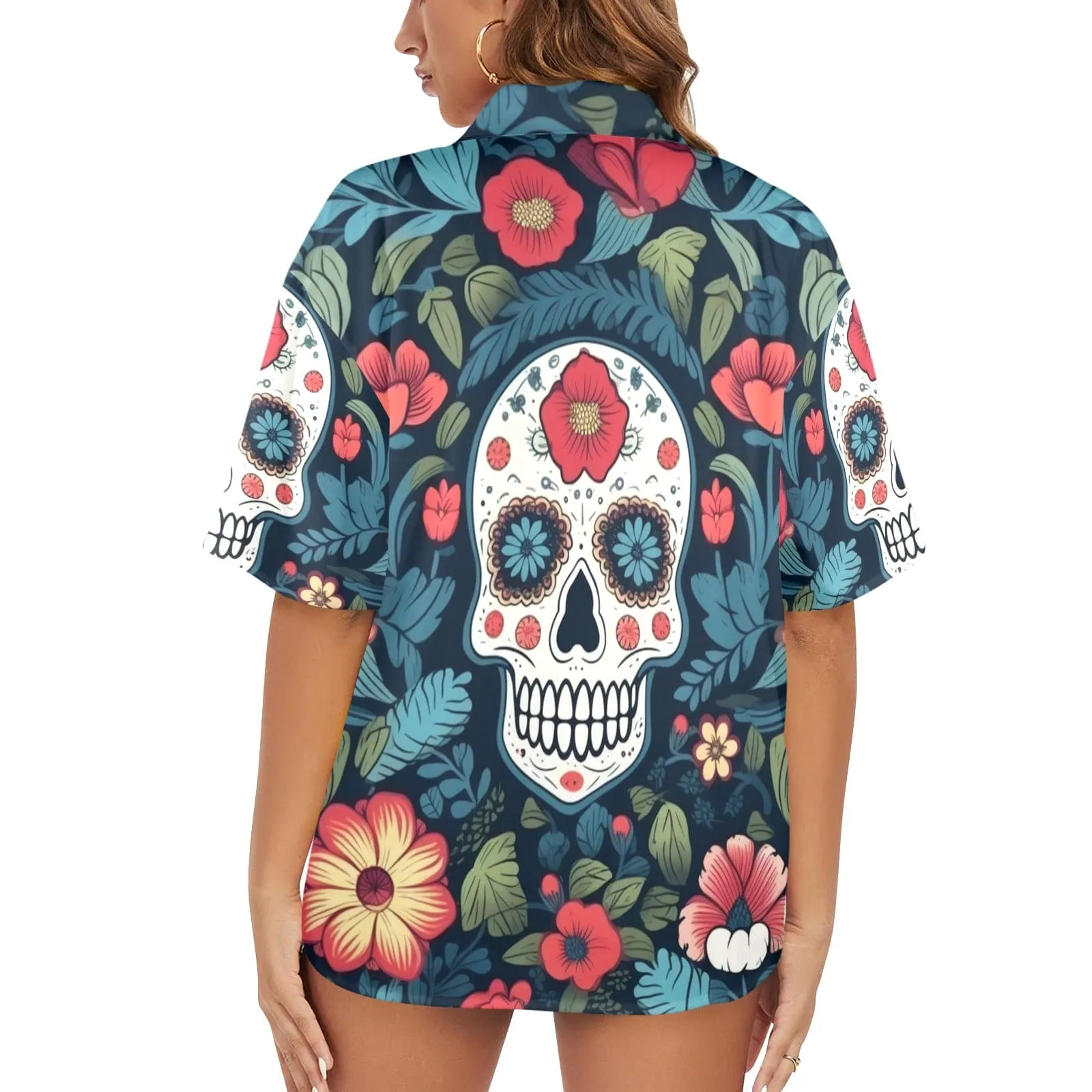 Blue Red Skulls Floral Hawaiian Short Sleeve Shirt