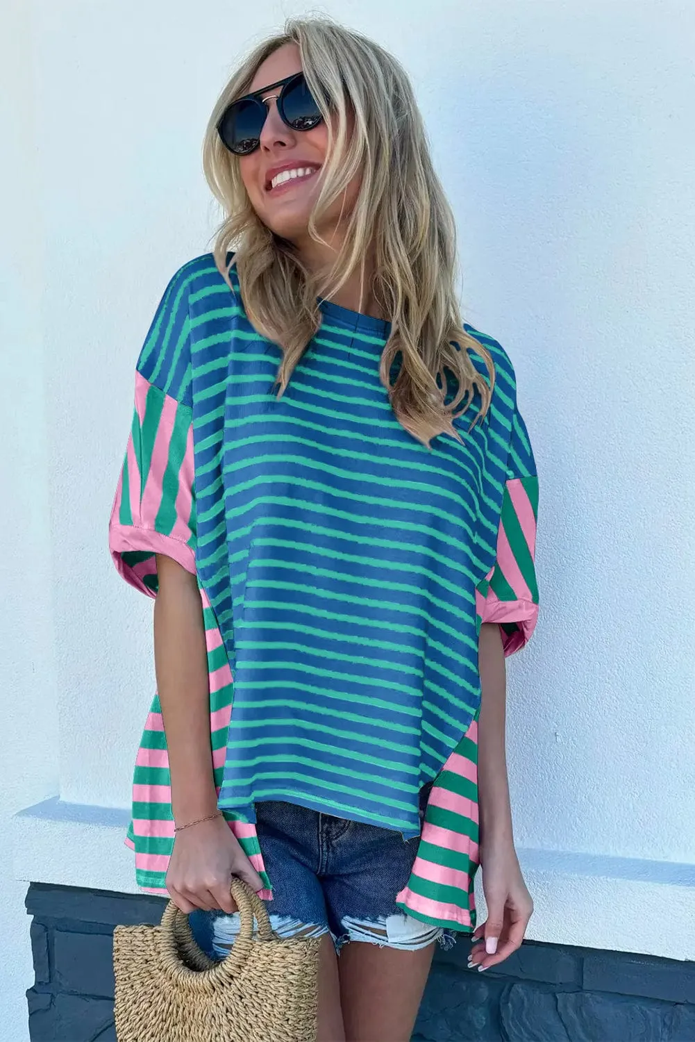 Blue Striped Colorblock Patchwork Oversized Tee