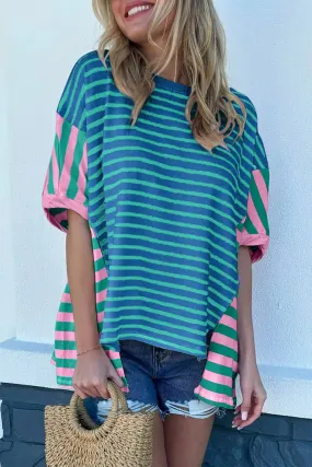 Blue Striped Colorblock Patchwork Oversized Tee