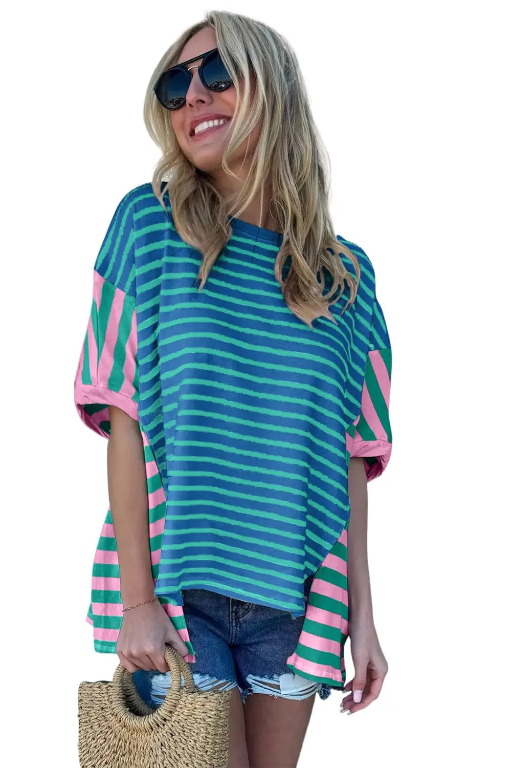 Blue Striped Colorblock Patchwork Oversized Tee