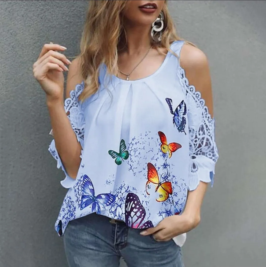 Butterfly Printed Blouses Woman Wholesale