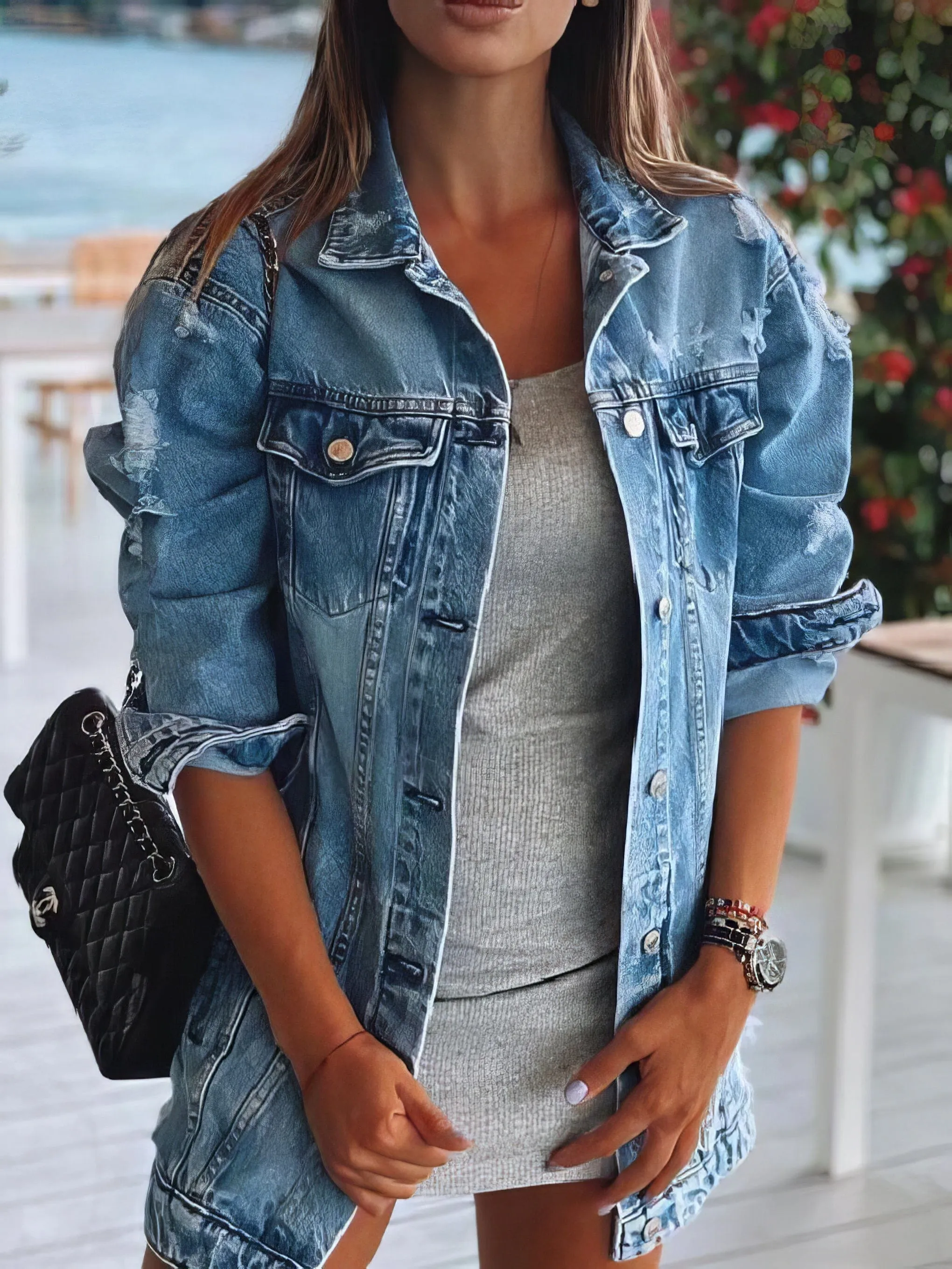 Button-Down Denim Jacket with Rhinestones