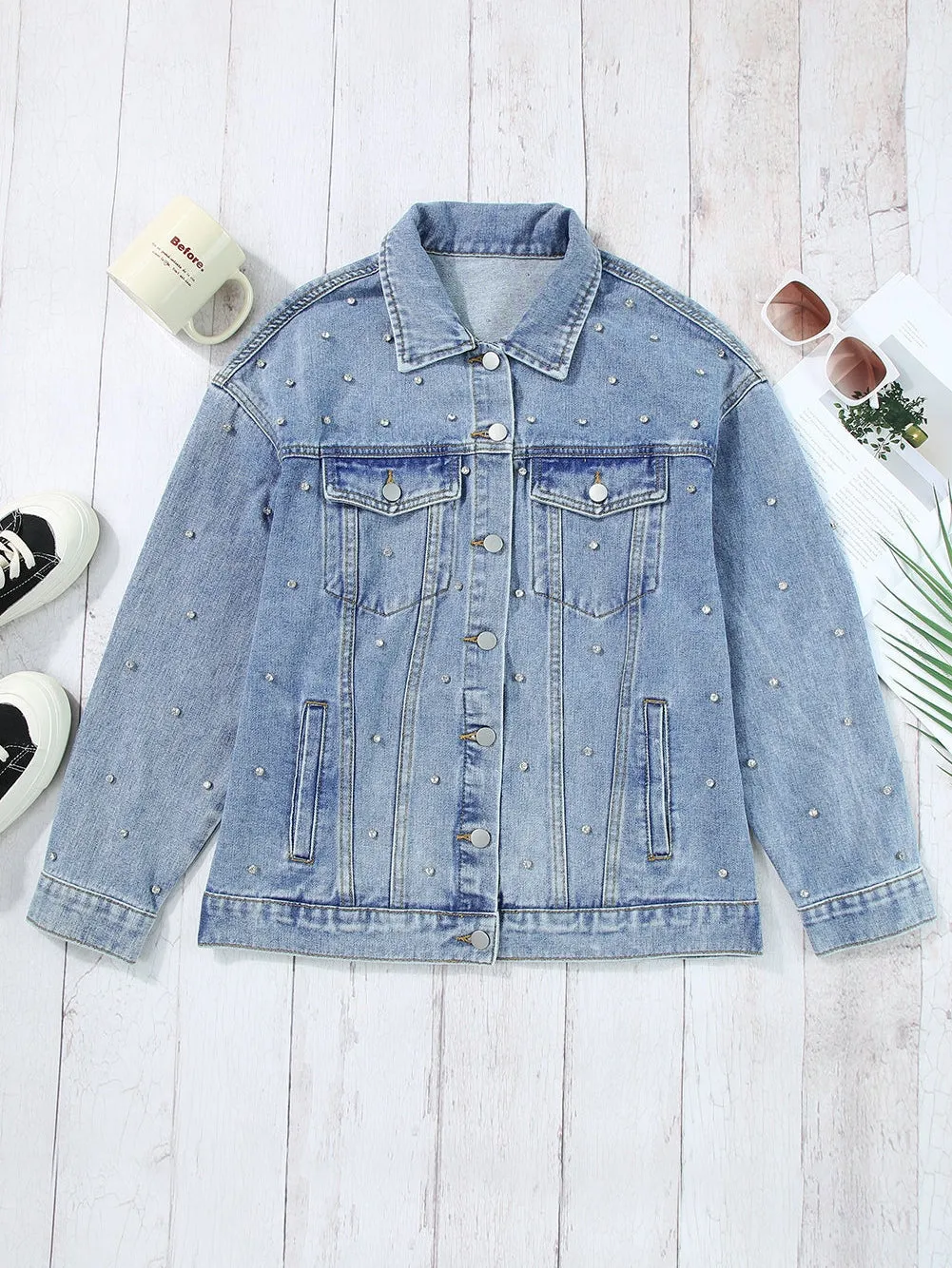 Button-Down Denim Jacket with Rhinestones