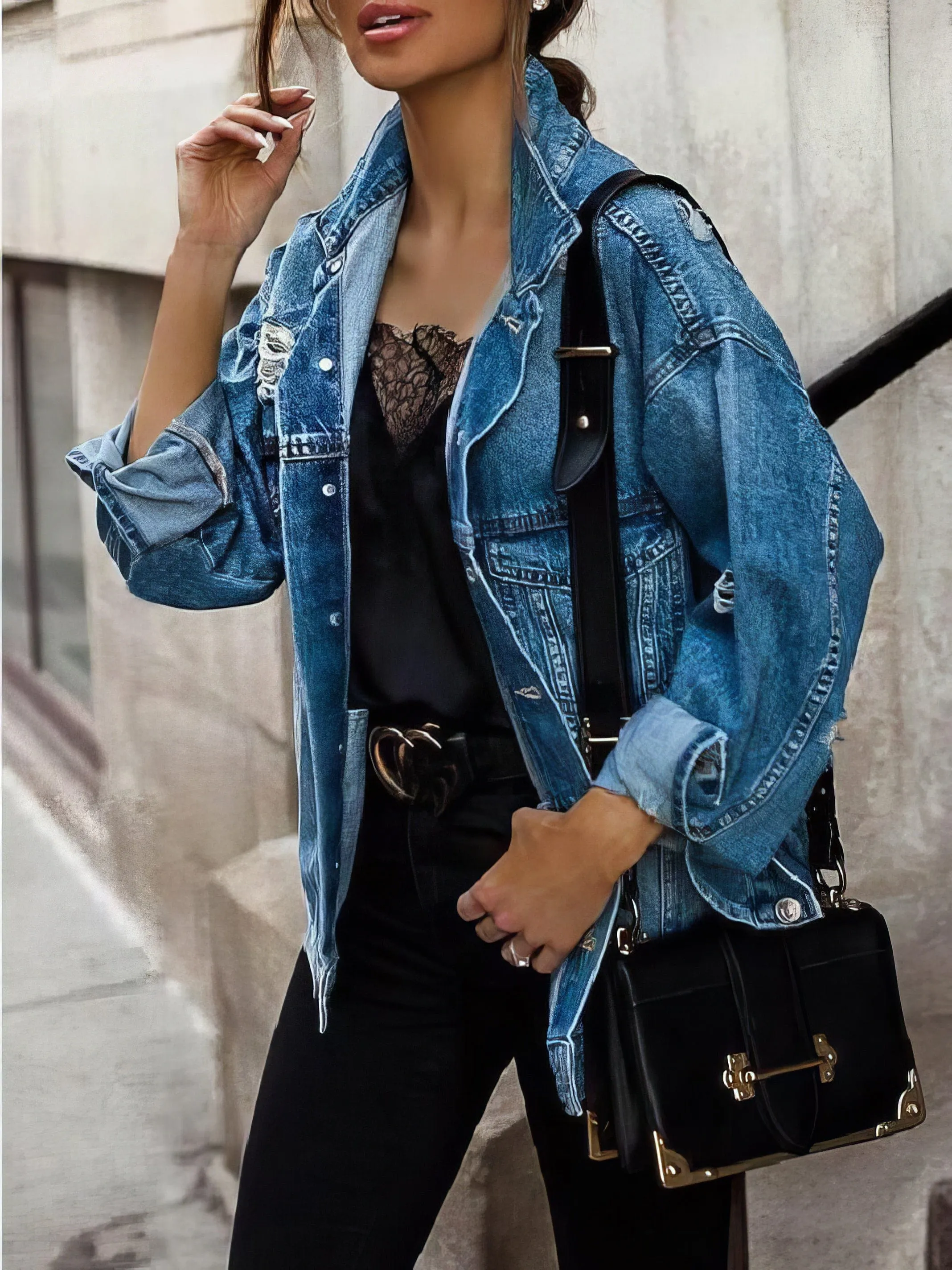 Button-Down Denim Jacket with Rhinestones