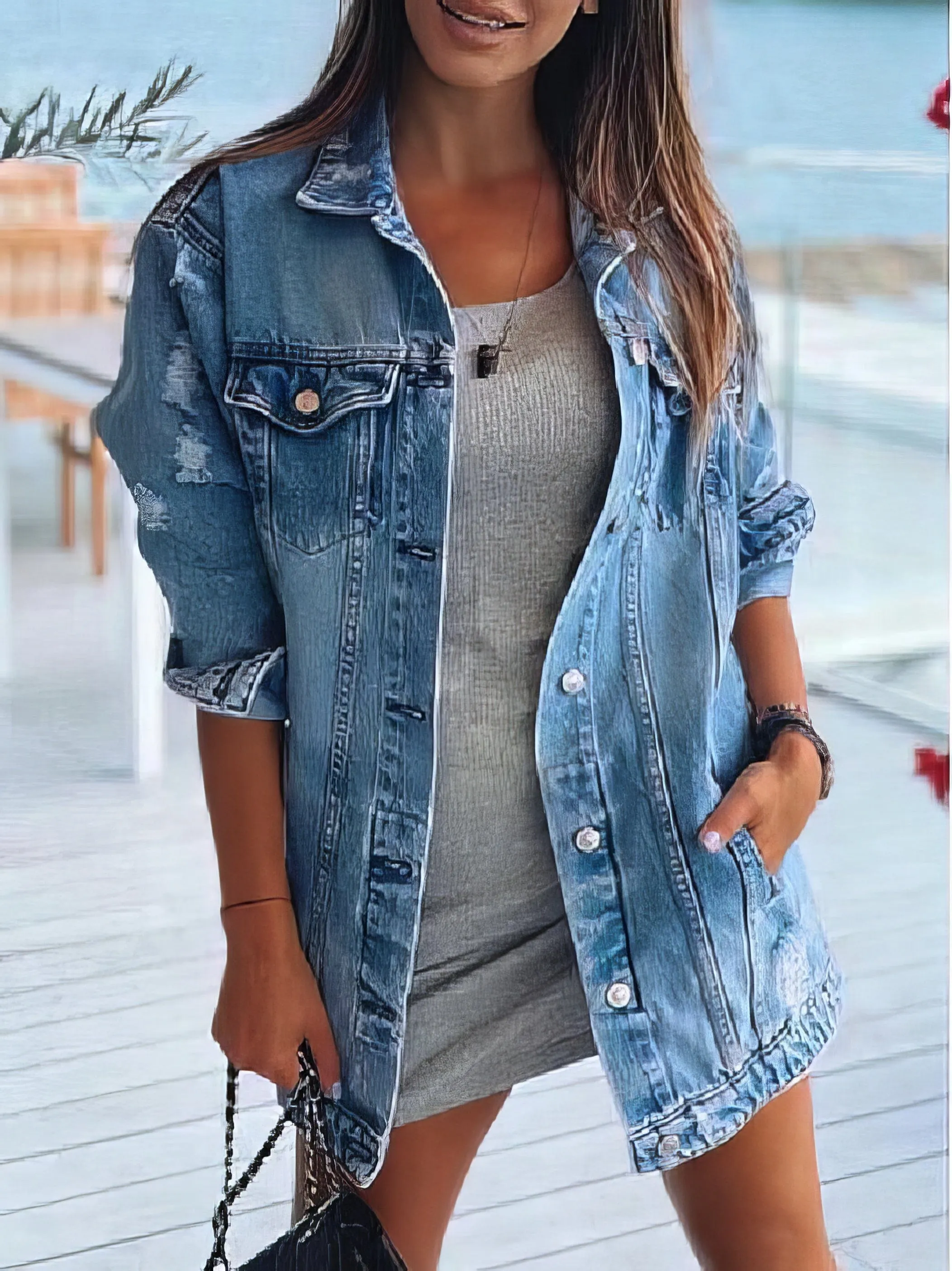 Button-Down Denim Jacket with Rhinestones