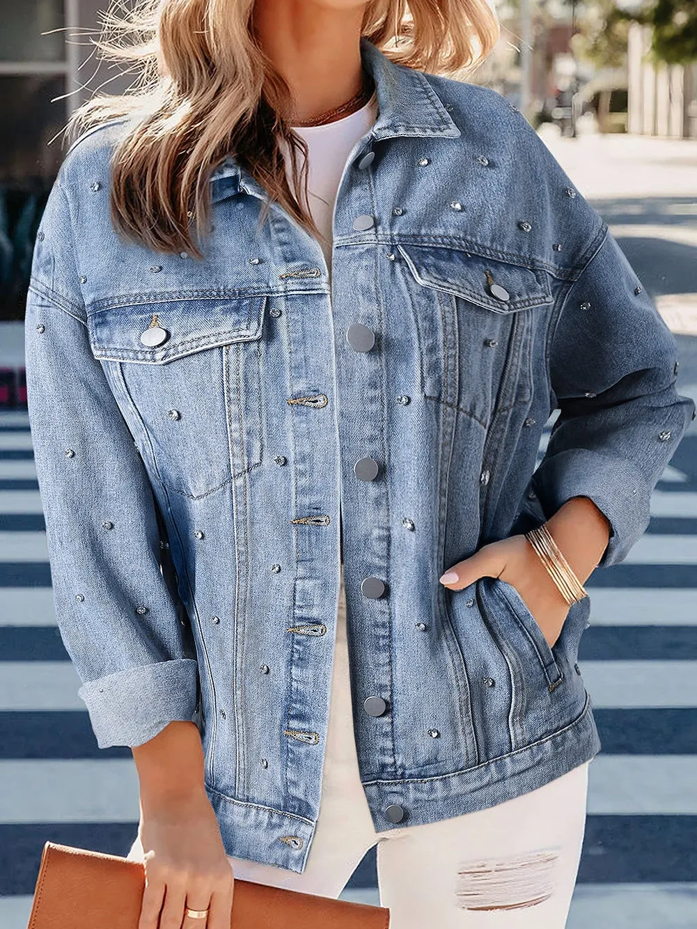 Button-Down Denim Jacket with Rhinestones