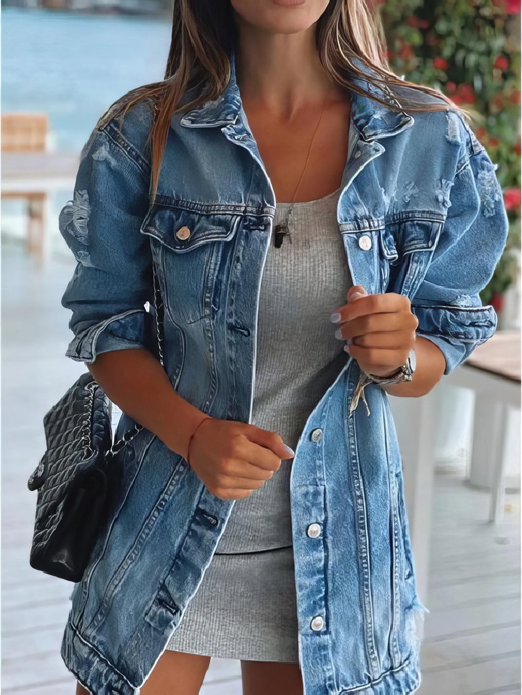 Button-Down Denim Jacket with Rhinestones