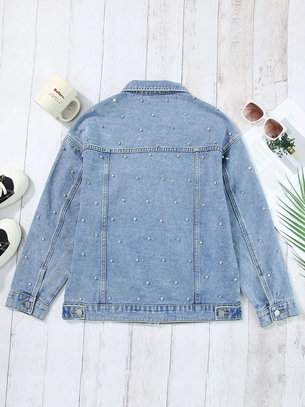 Button-Down Denim Jacket with Rhinestones