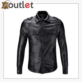 Casual Real Sheep Leather Full Sleeves Police Shirt for Mens