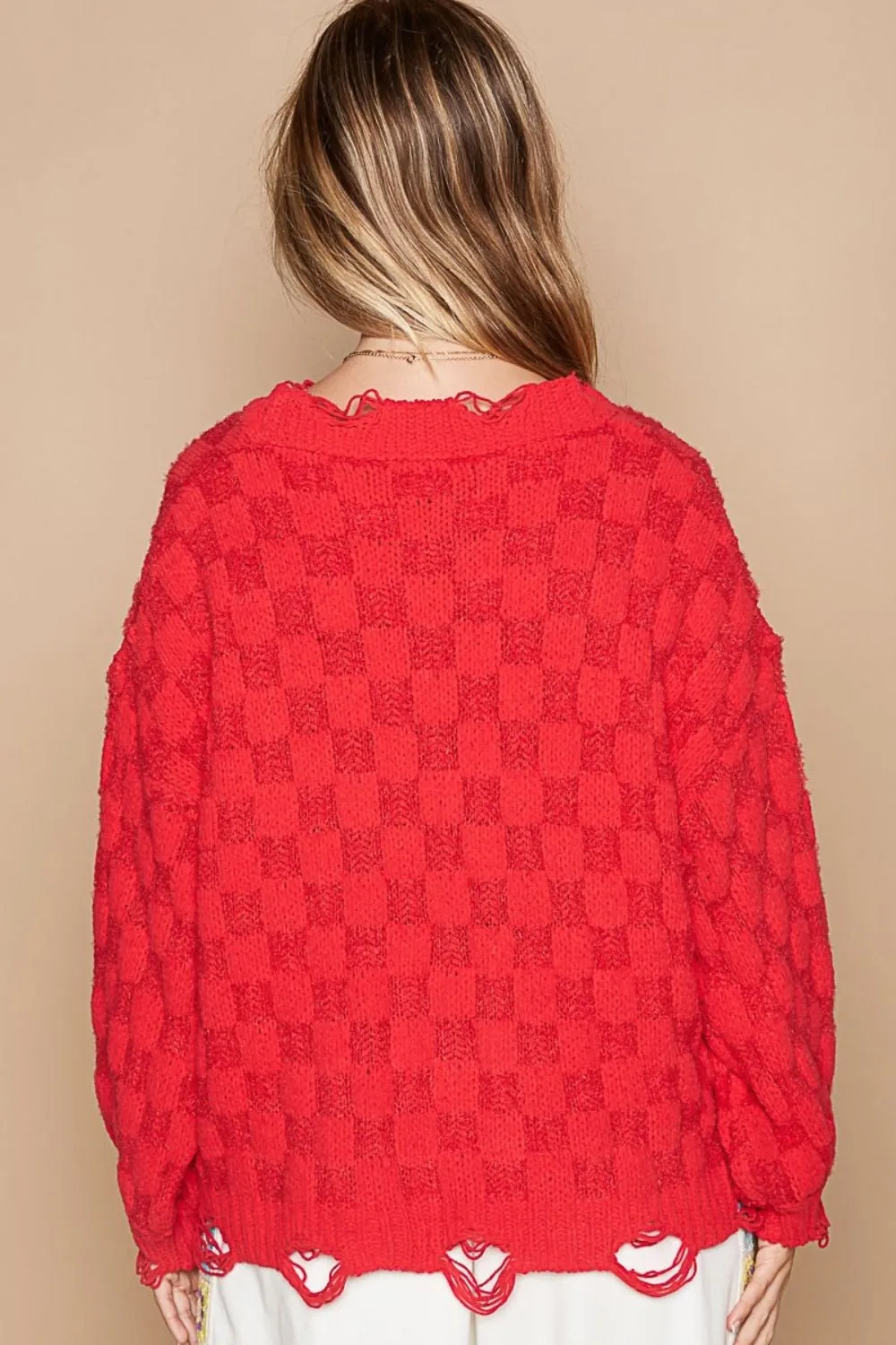 Checkered Distressed Edge Sweater in Candy Apple