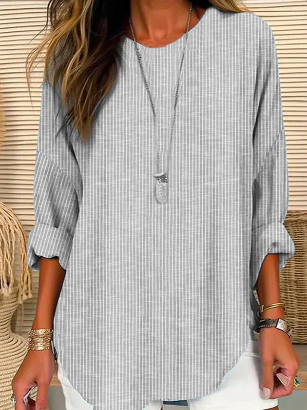 Chicmy- Striped Casual Loose Long Sleeve Linen Style Blouses