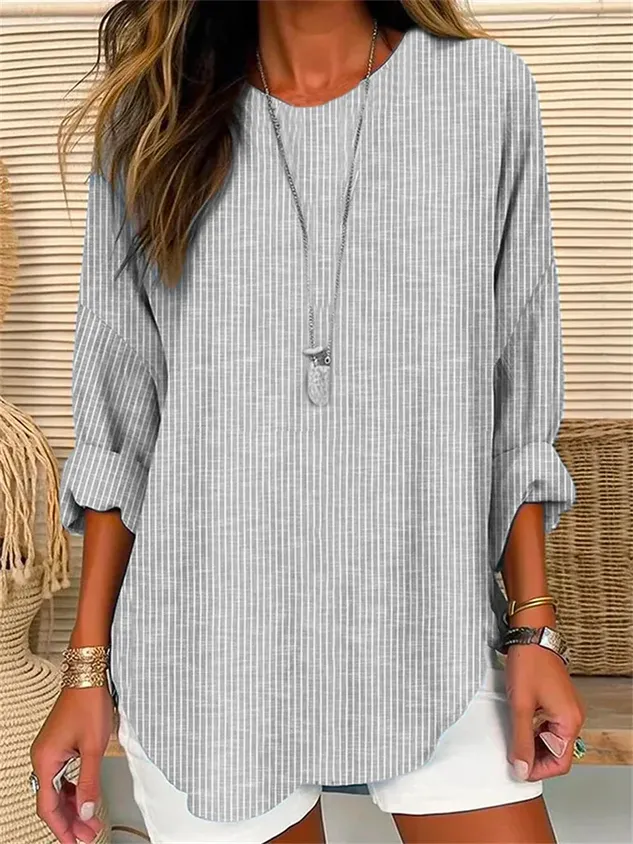 Chicmy- Striped Casual Loose Long Sleeve Linen Style Blouses