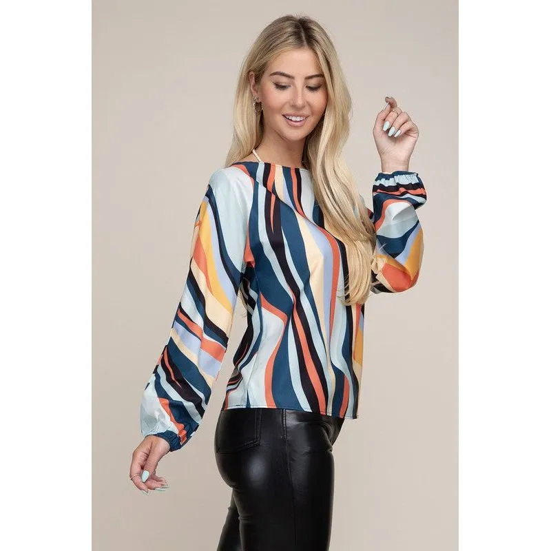 Colorblock Boat Neck Bishop Sleeve Blouse