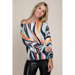 Colorblock Boat Neck Bishop Sleeve Blouse