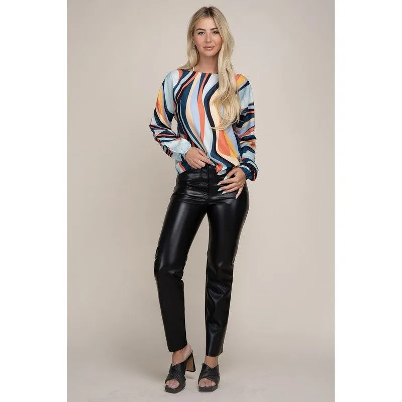 Colorblock Boat Neck Bishop Sleeve Blouse