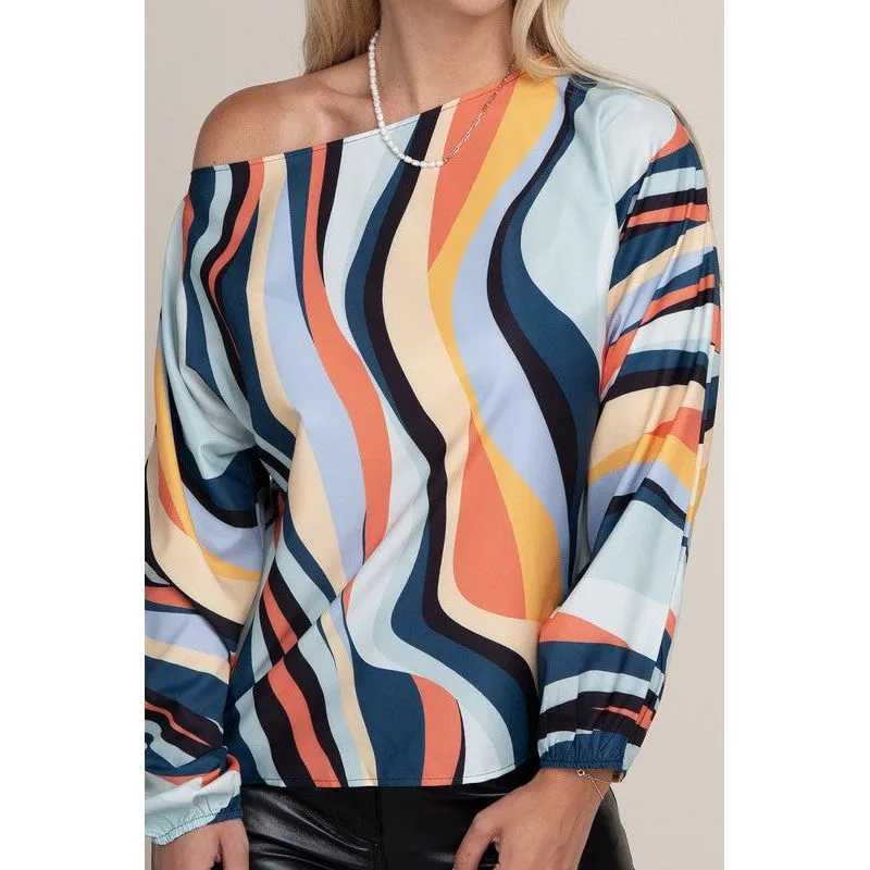 Colorblock Boat Neck Bishop Sleeve Blouse