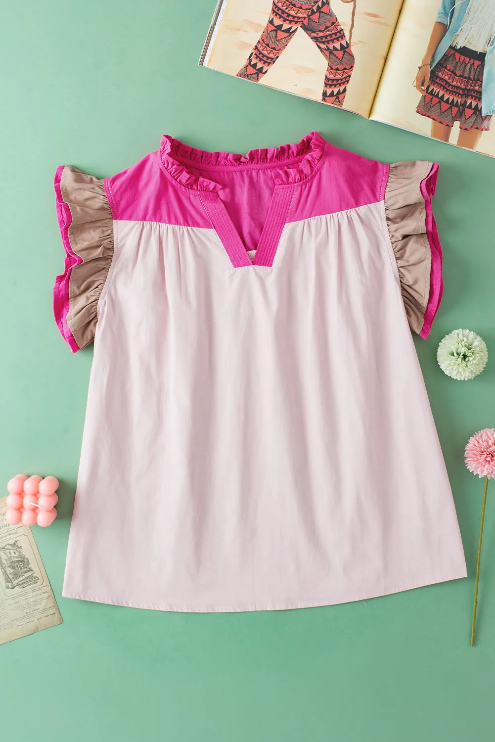 Colorblock Ruffled Sleeve Frill V Neck Blouse