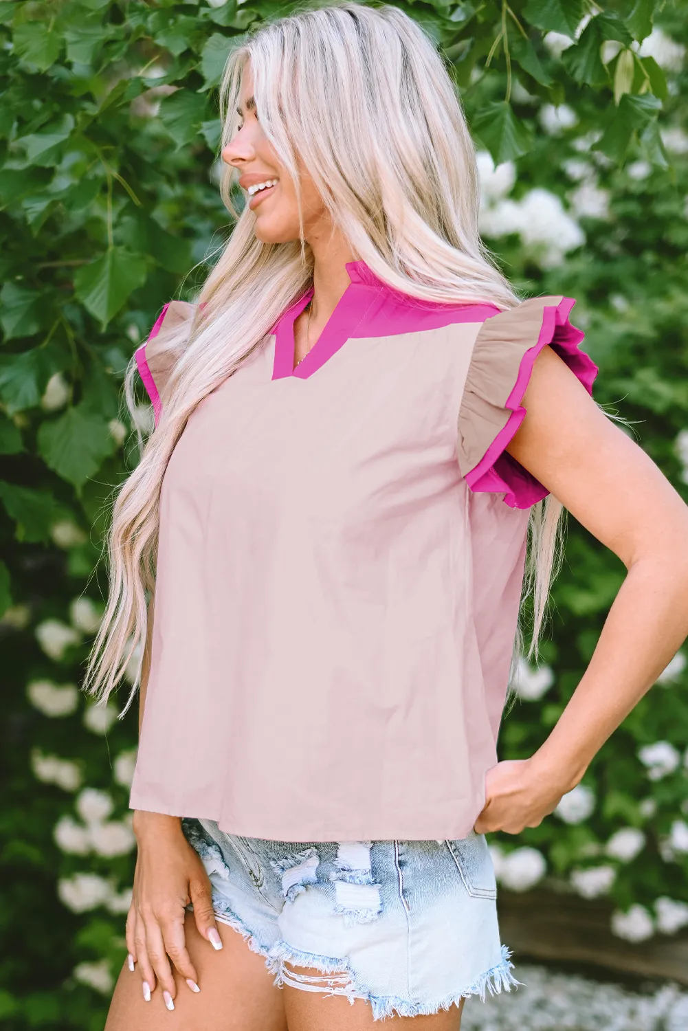 Colorblock Ruffled Sleeve Frill V Neck Blouse