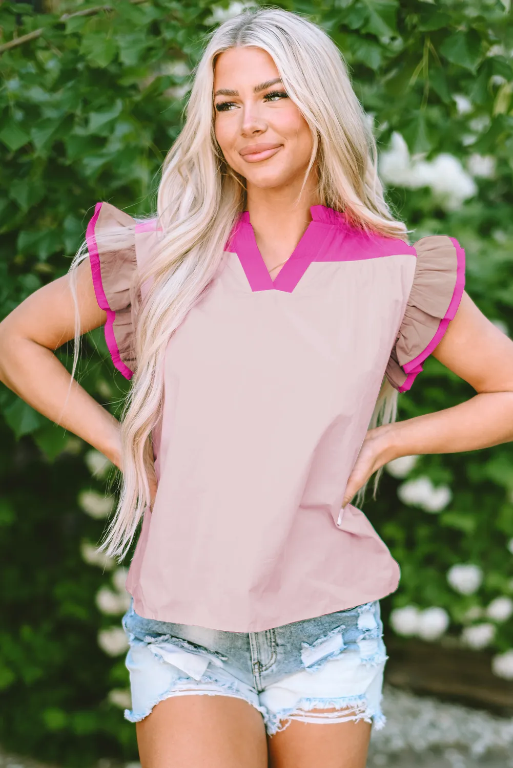 Colorblock Ruffled Sleeve Frill V Neck Blouse