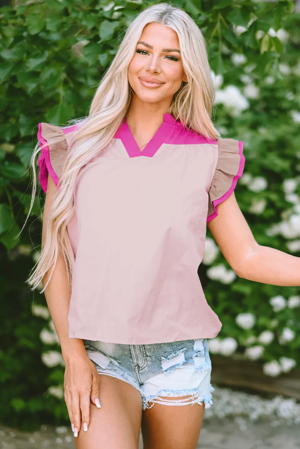 Colorblock Ruffled Sleeve Frill V Neck Blouse