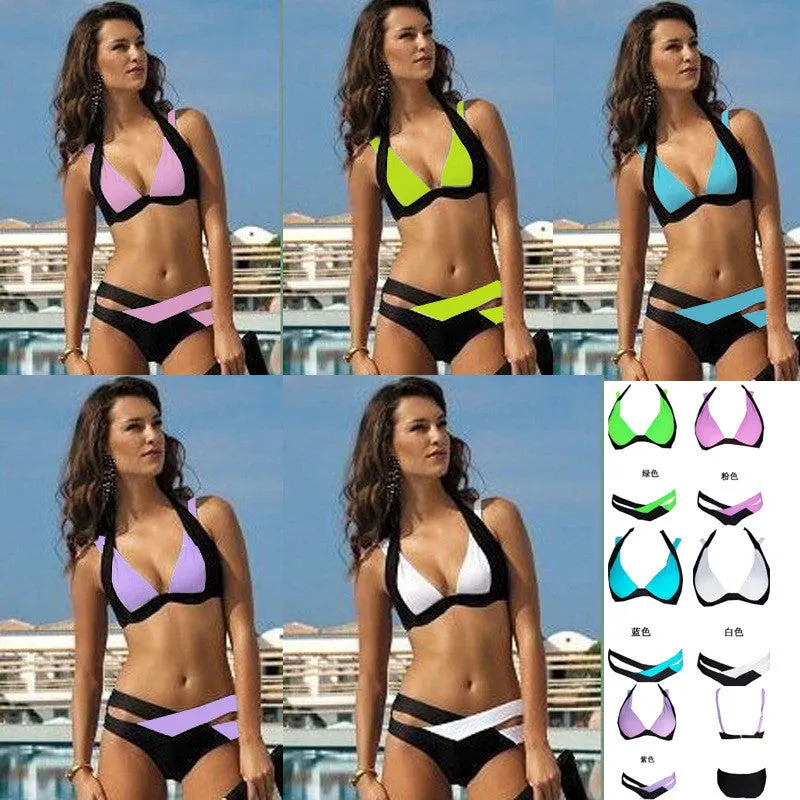 Contrast Color Patchwork Cross Hollow Out V-neck Bikini