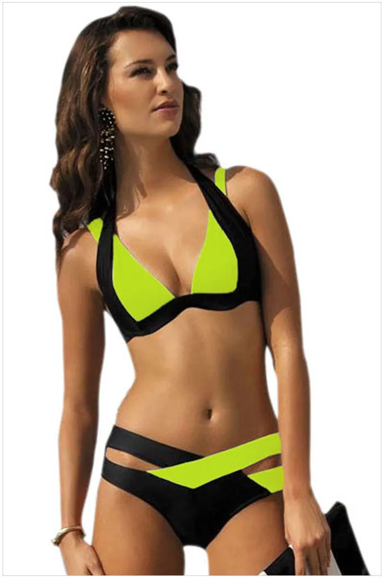 Contrast Color Patchwork Cross Hollow Out V-neck Bikini