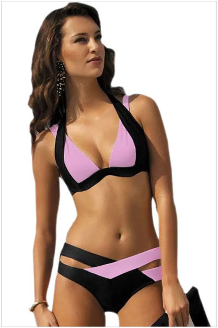 Contrast Color Patchwork Cross Hollow Out V-neck Bikini