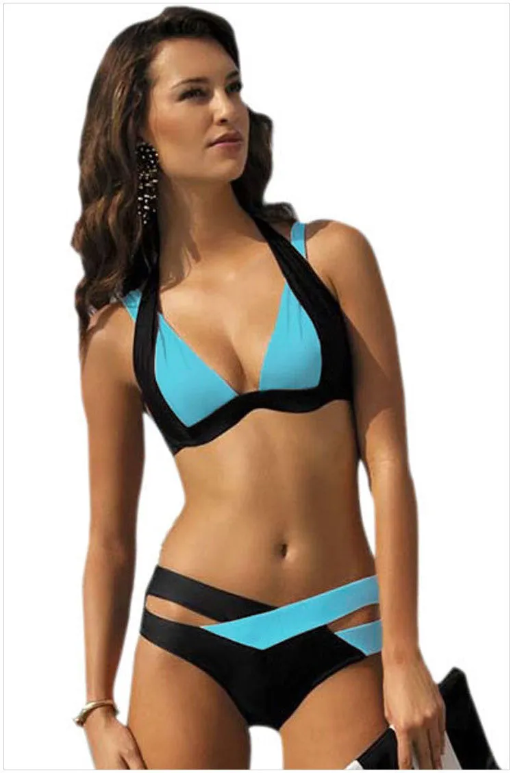 Contrast Color Patchwork Cross Hollow Out V-neck Bikini