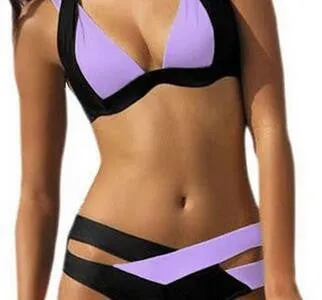 Contrast Color Patchwork Cross Hollow Out V-neck Bikini