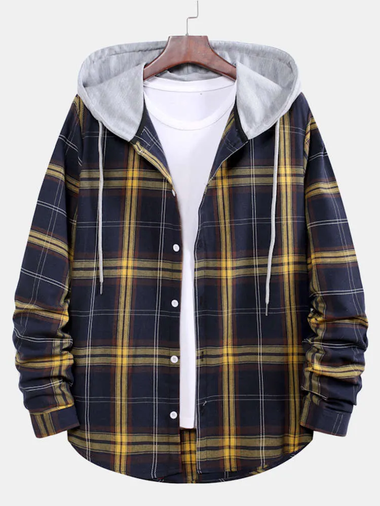 Contrast Patchwork Hooded Plaid Shirts