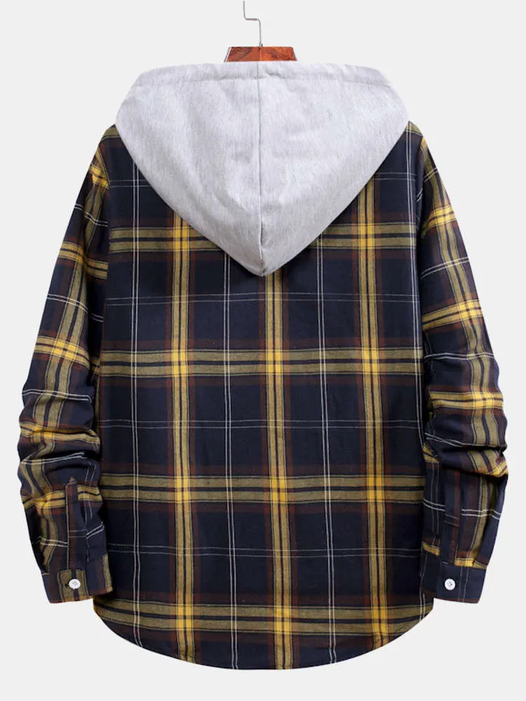 Contrast Patchwork Hooded Plaid Shirts