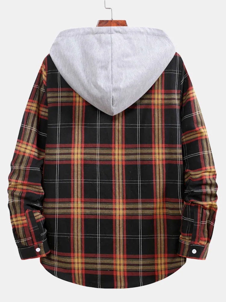 Contrast Patchwork Hooded Plaid Shirts