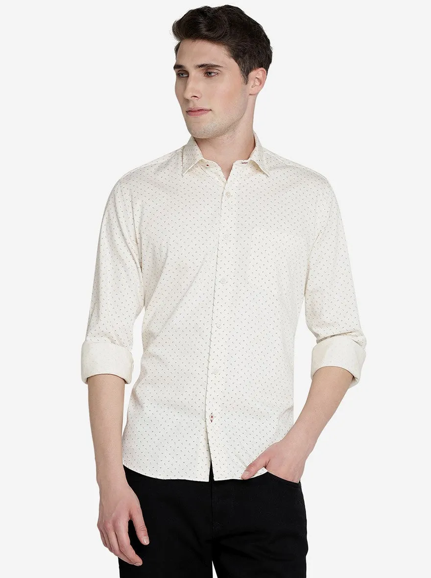 Cream Printed Slim Fit Semi Casual Shirt | JadeBlue