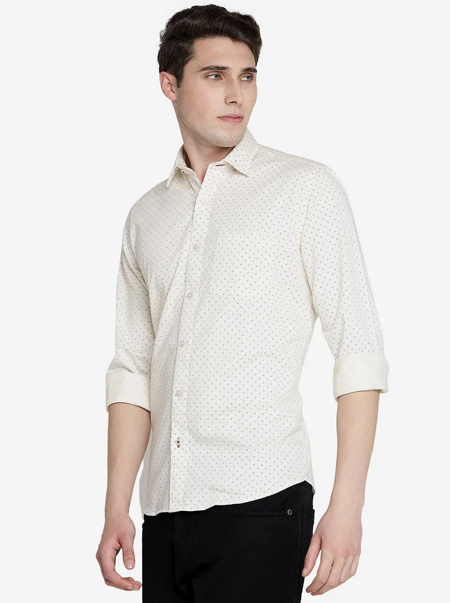 Cream Printed Slim Fit Semi Casual Shirt | JadeBlue