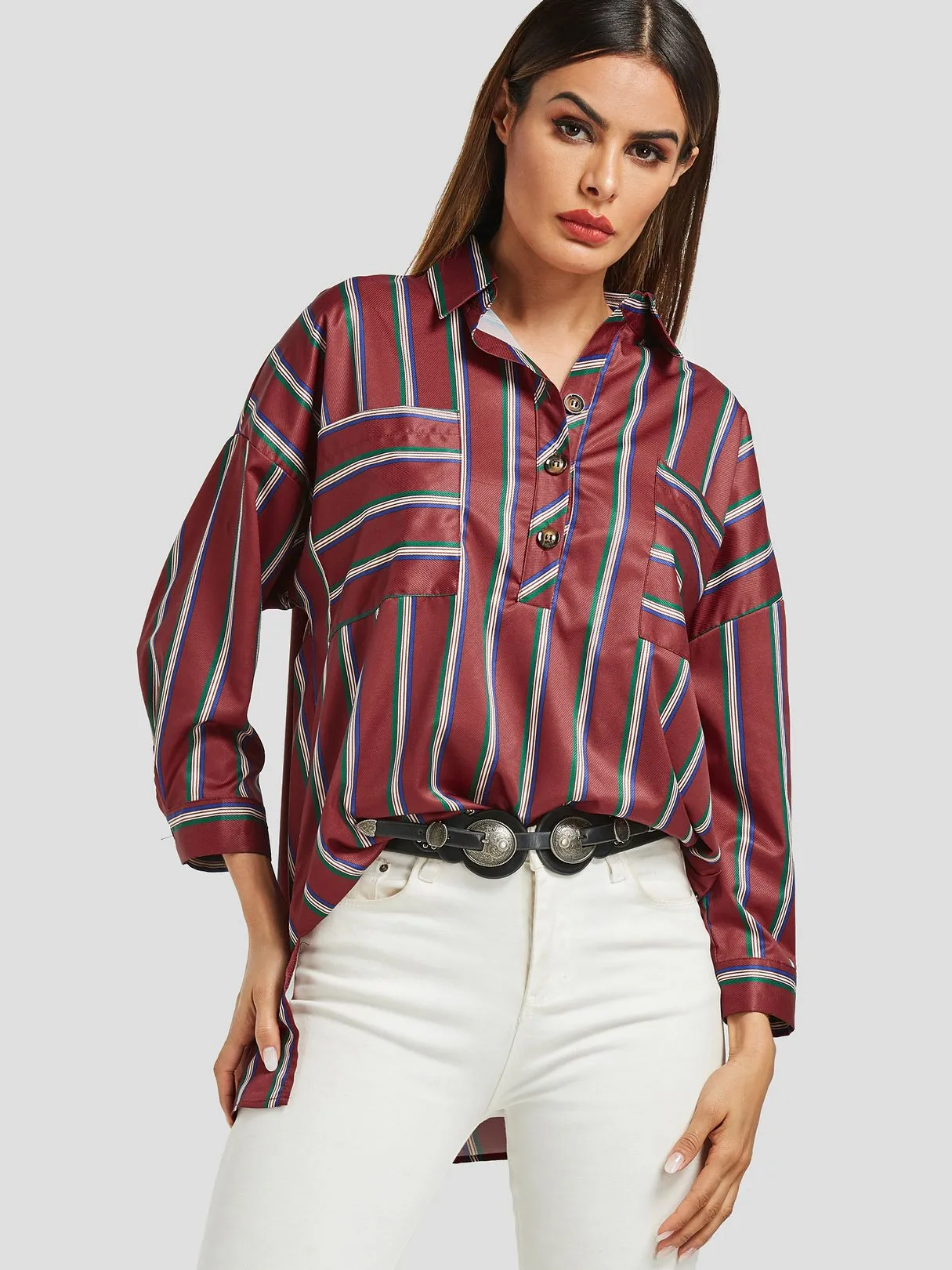 Custom Classic Collar Stripe Long Sleeve Burgundy Blouses