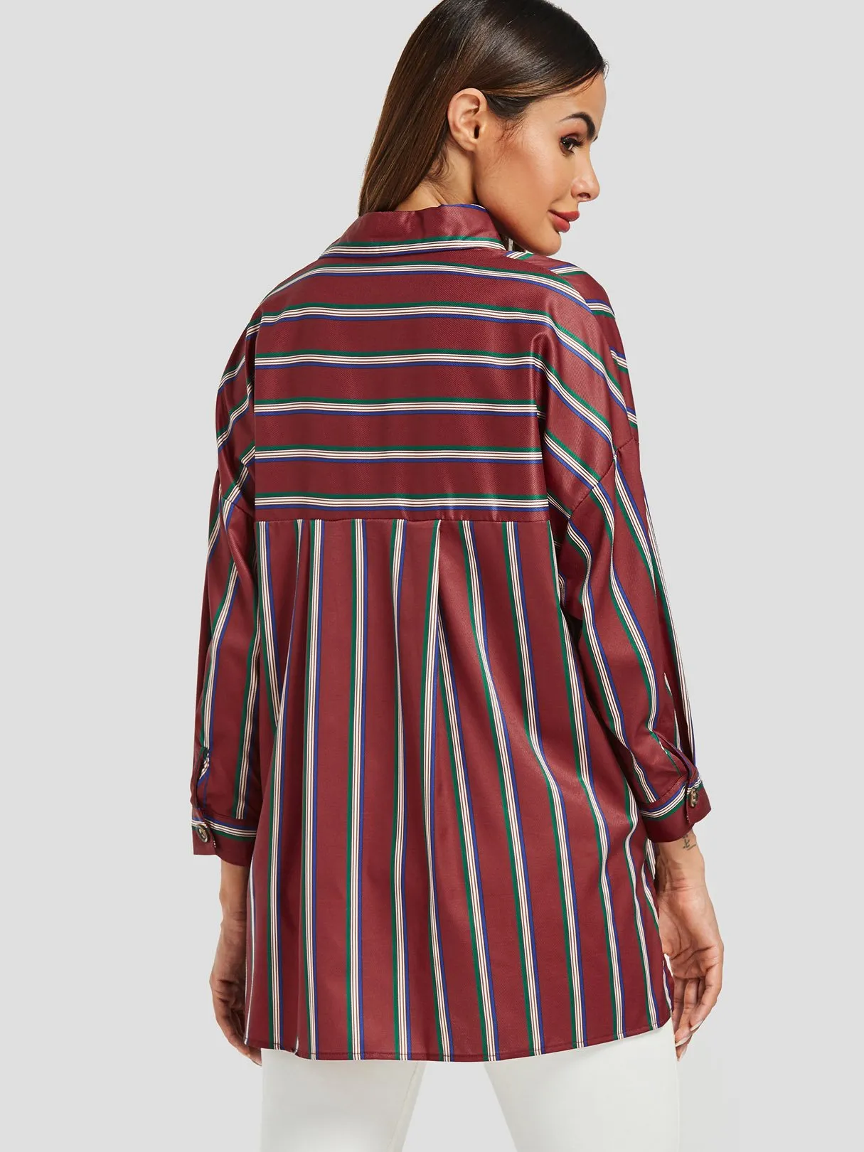 Custom Classic Collar Stripe Long Sleeve Burgundy Blouses