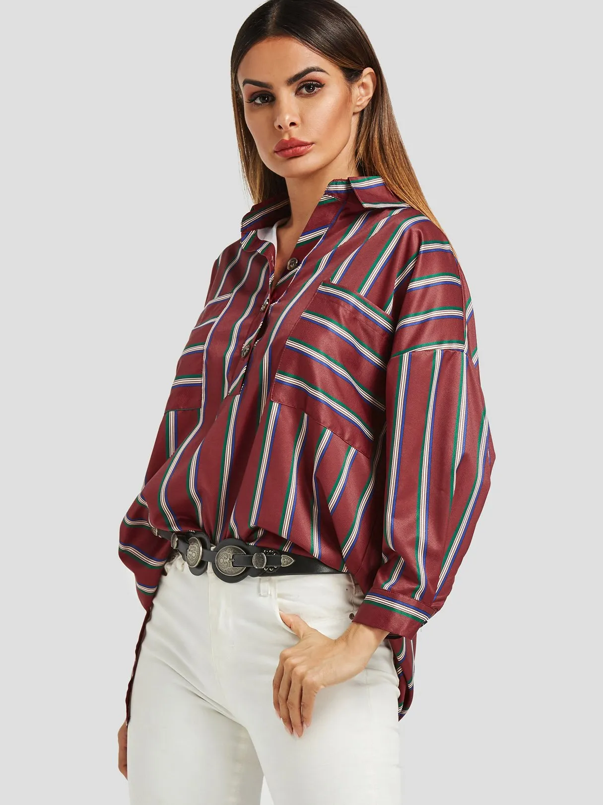 Custom Classic Collar Stripe Long Sleeve Burgundy Blouses