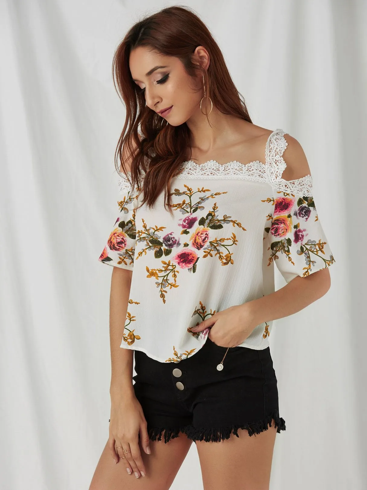 Custom Cold Shoulder Floral Print Lace Short Sleeve White Top