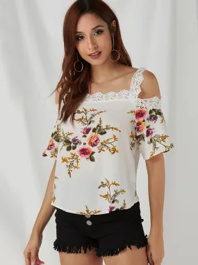 Custom Cold Shoulder Floral Print Lace Short Sleeve White Top