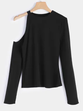 Custom Crew Neck Asymmetrical One Shoulder Plain Cut Out Long Sleeve Black Blouses