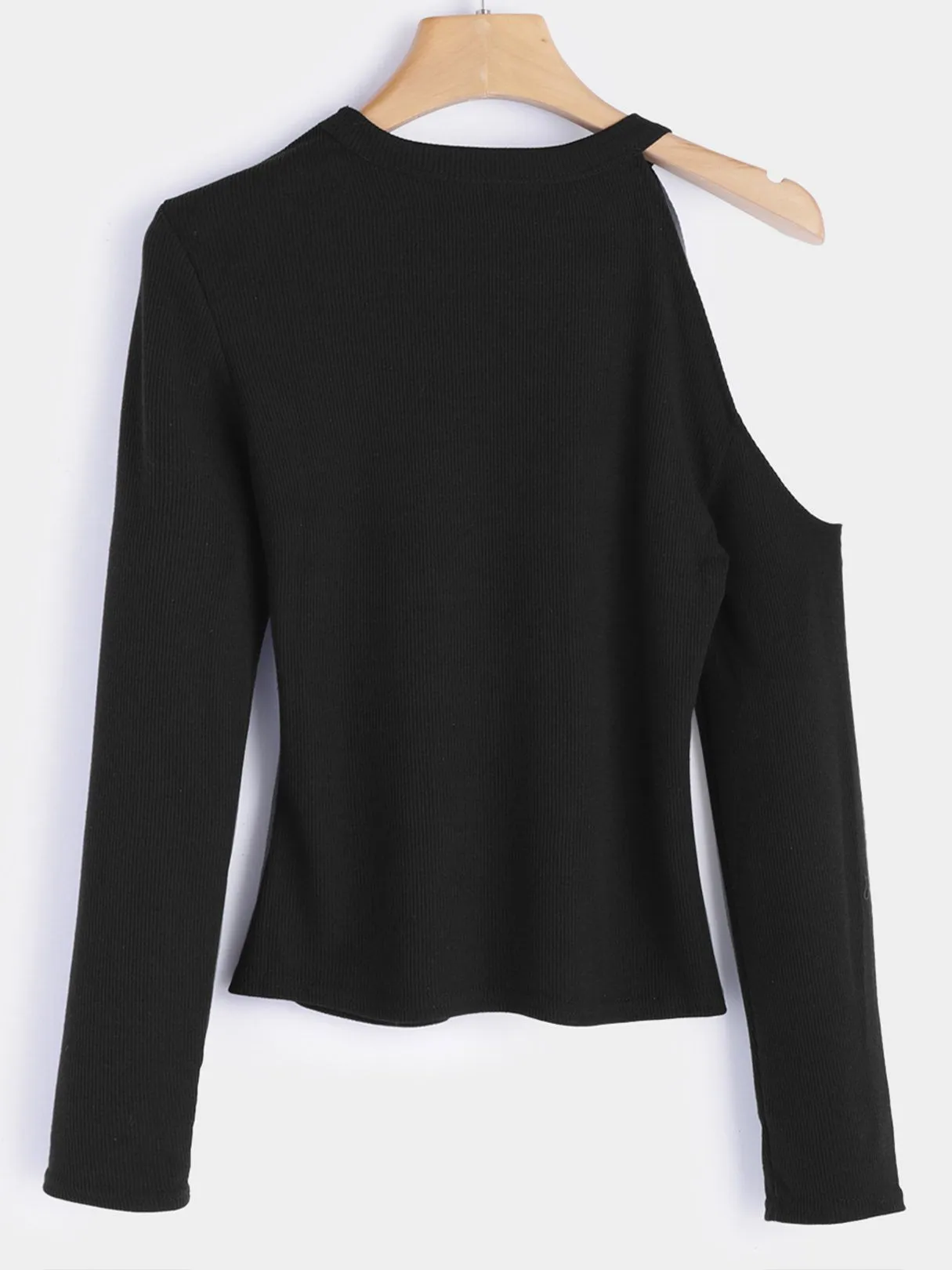 Custom Crew Neck Asymmetrical One Shoulder Plain Cut Out Long Sleeve Black Blouses