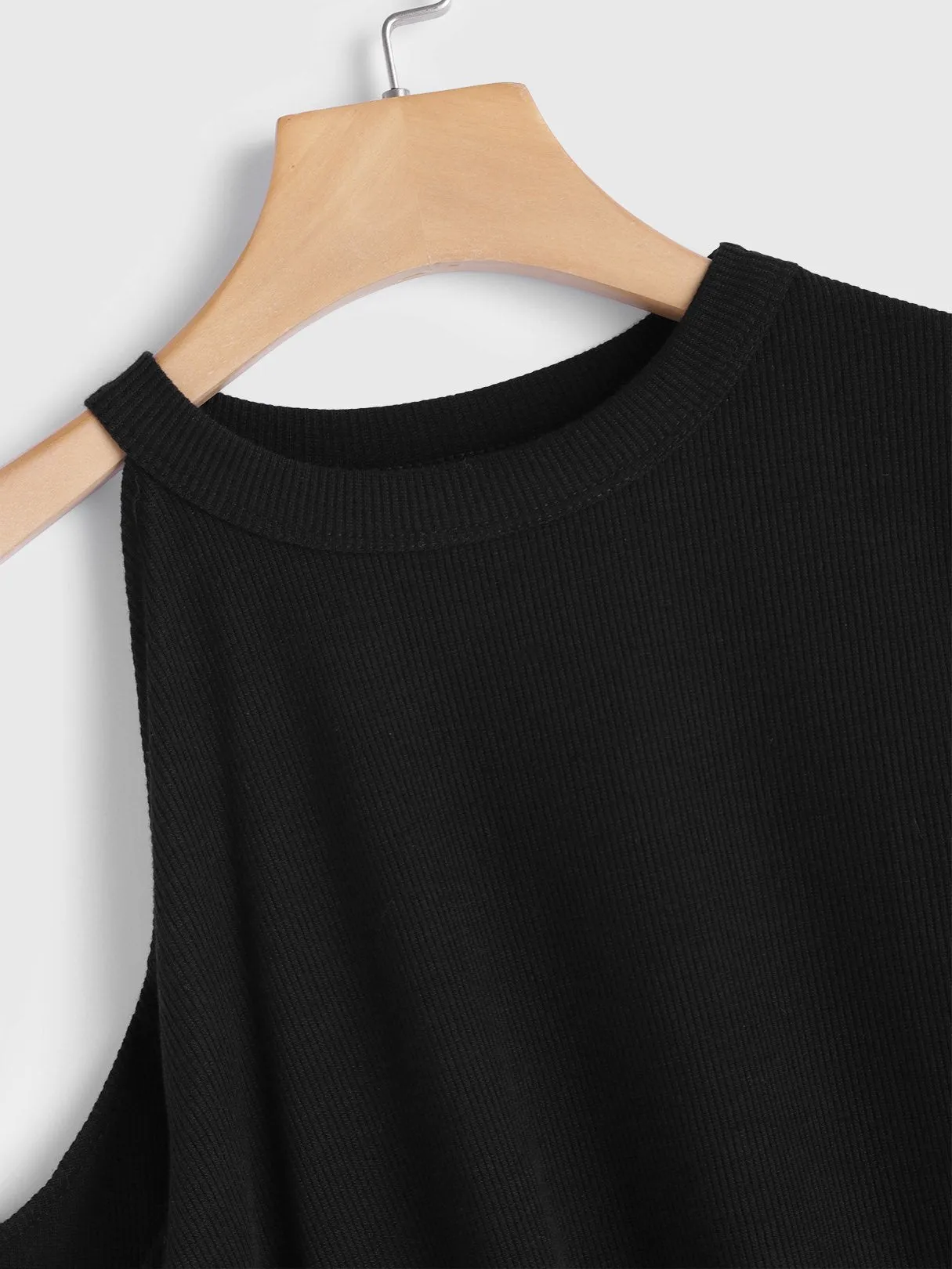 Custom Crew Neck Asymmetrical One Shoulder Plain Cut Out Long Sleeve Black Blouses