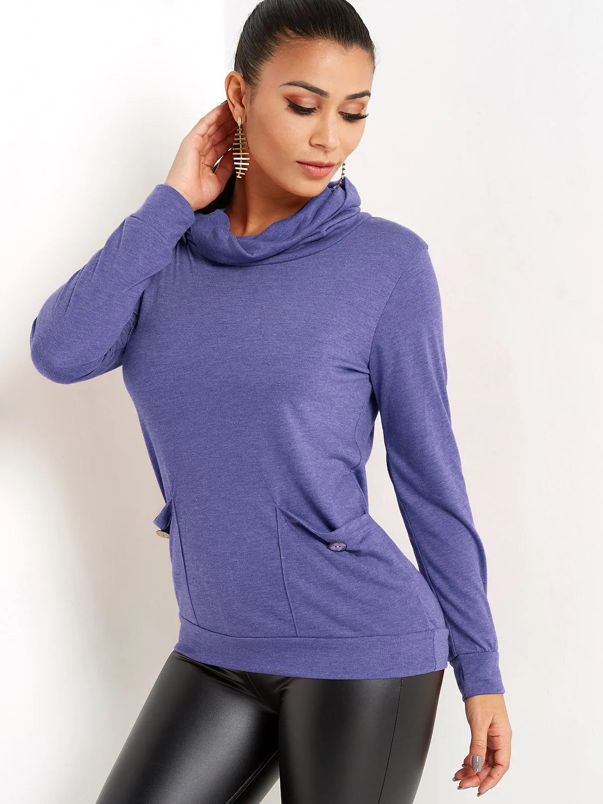 Custom Drape Sagging Plain Side Pockets Long Sleeve Blouses