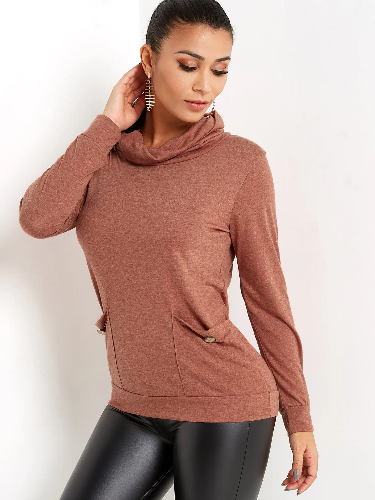 Custom Drape Sagging Plain Side Pockets Long Sleeve Blouses